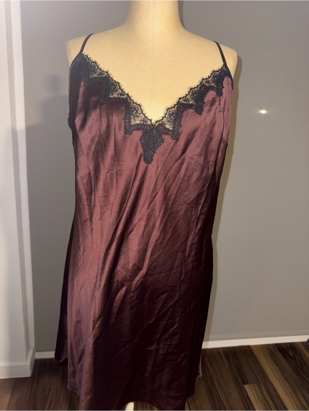 Victoria’s Secret Lace Trim Satin Slip Dress - Black & Deep Wine